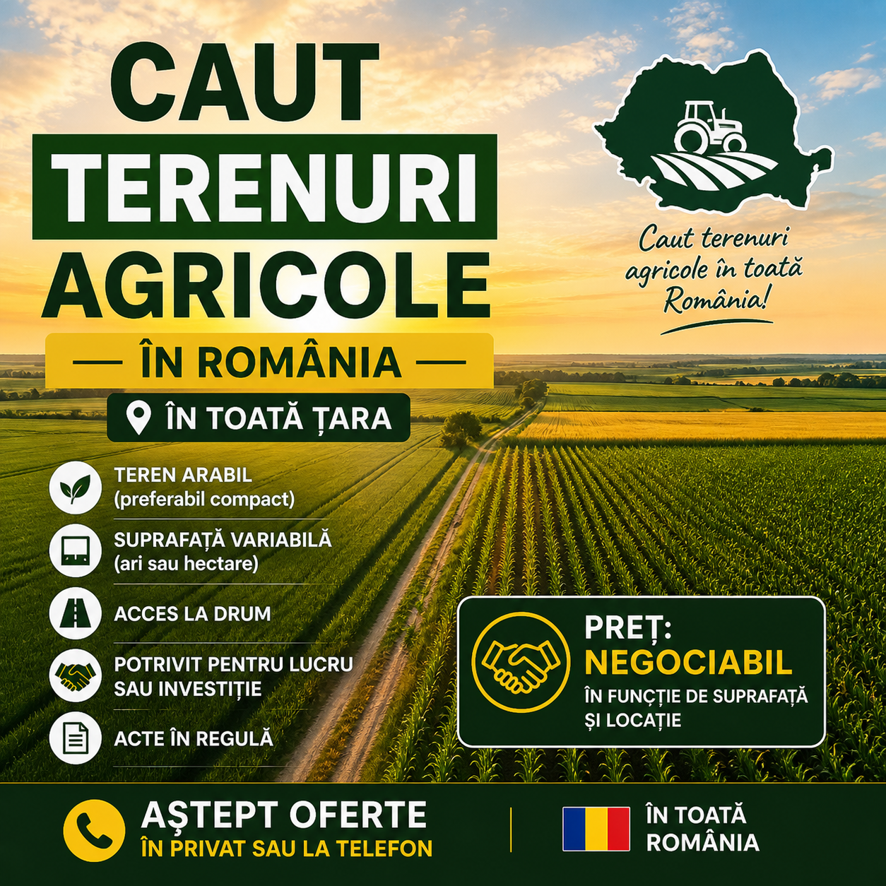 Caut terenuri agricole în România – plătesc corect, răspund rapid!