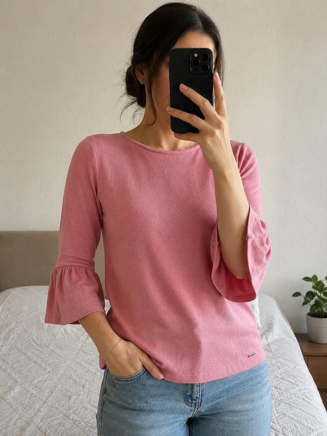 Tom Tailor Denim Damen Pullover Rosa Gr. M – Weicher Feinstrick mit Volantärmeln