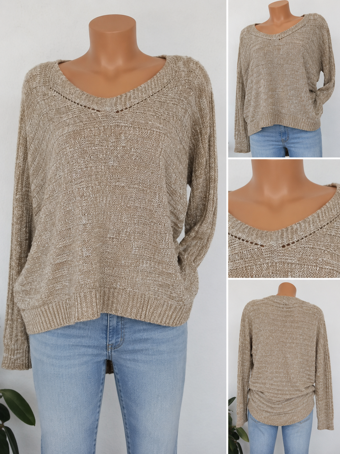 Madonna Damen Strickpullover Beige Glitzer Gr. S – Oversize Look & V-Ausschnitt