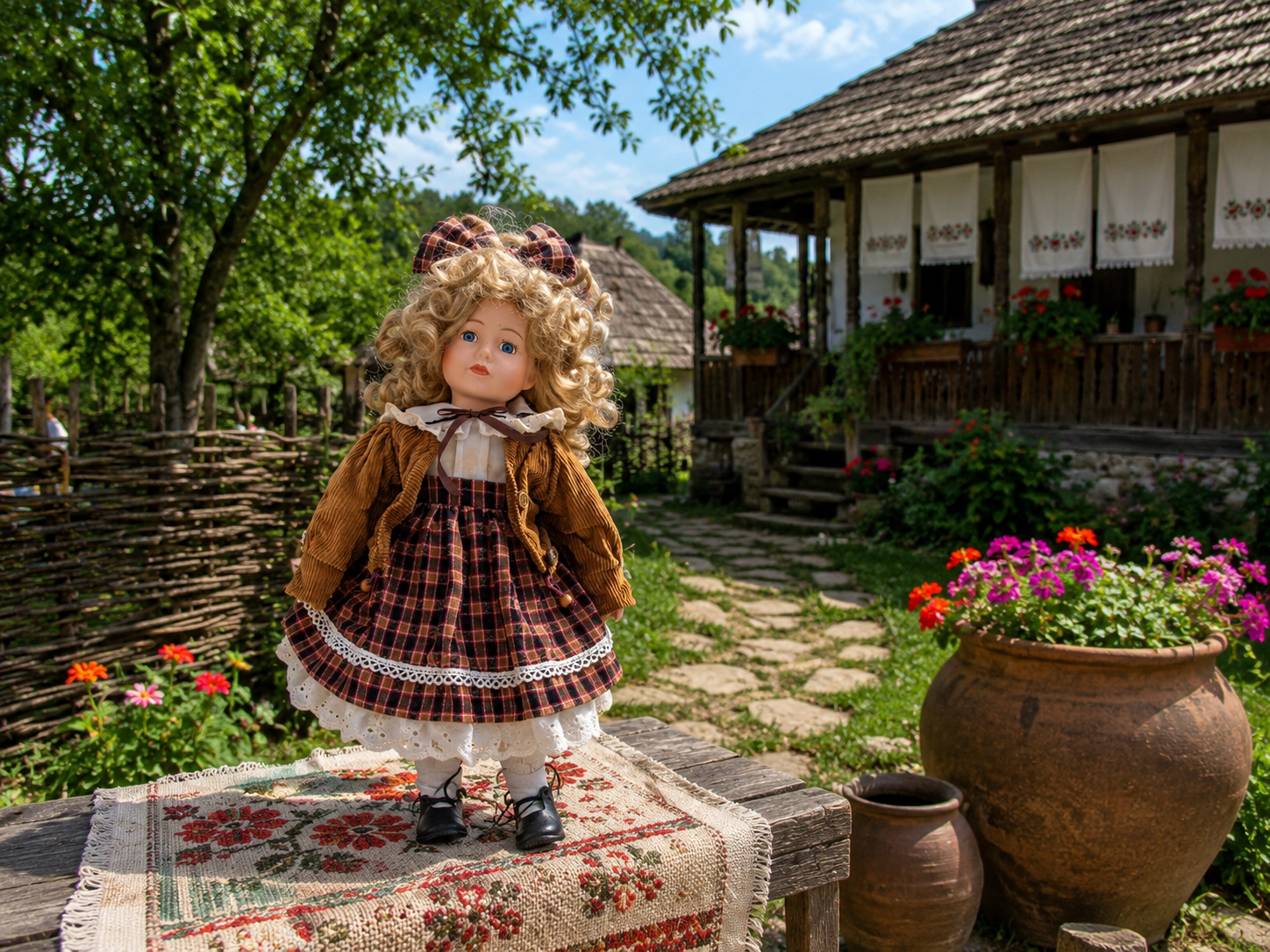 Vintage Deko-Puppe ca. 38 cm mit Locken und kariertem Kleid