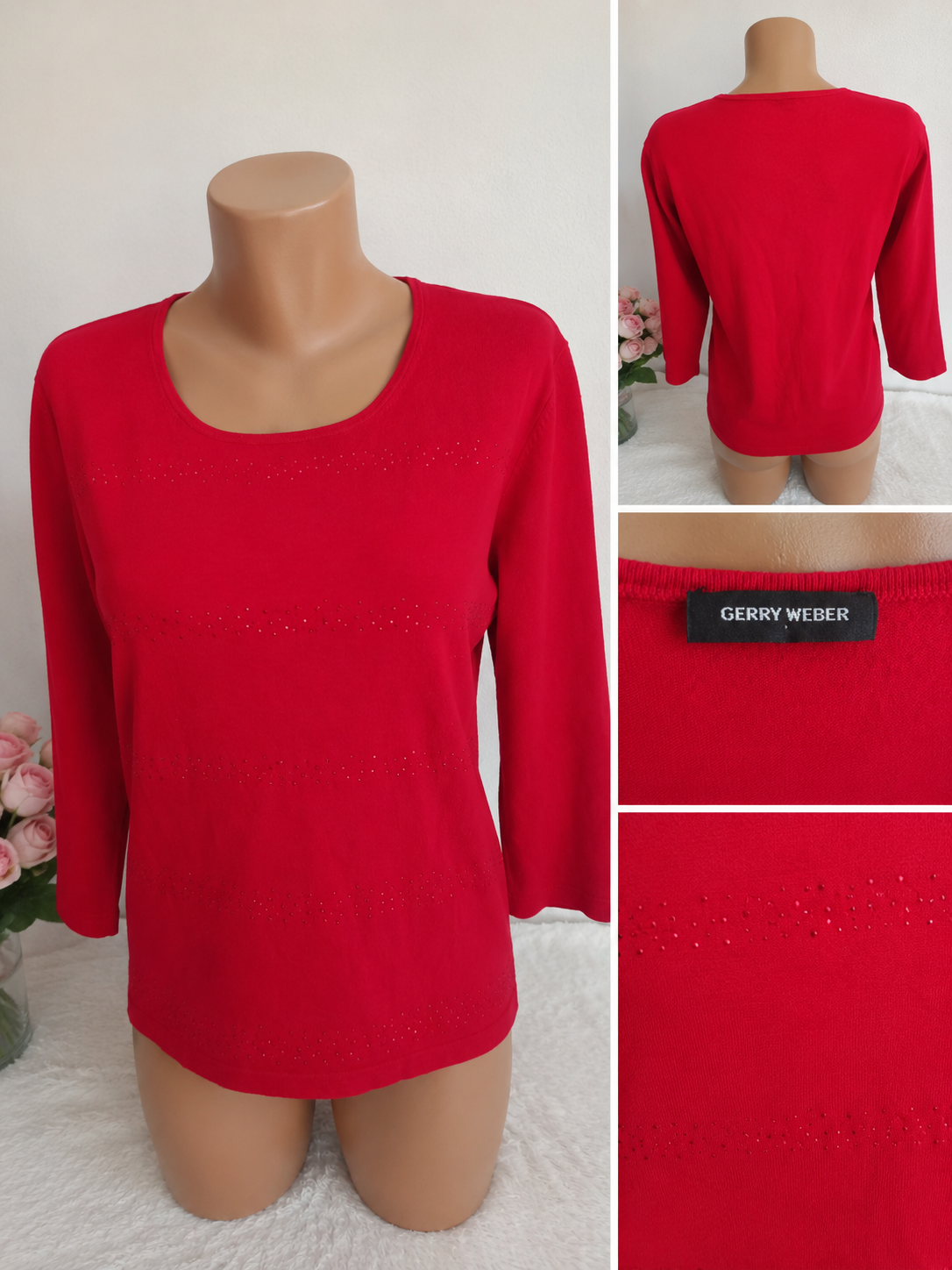 GERRY WEBER Damen Pullover Rot mit Strassdetails – 3/4 Ärmel