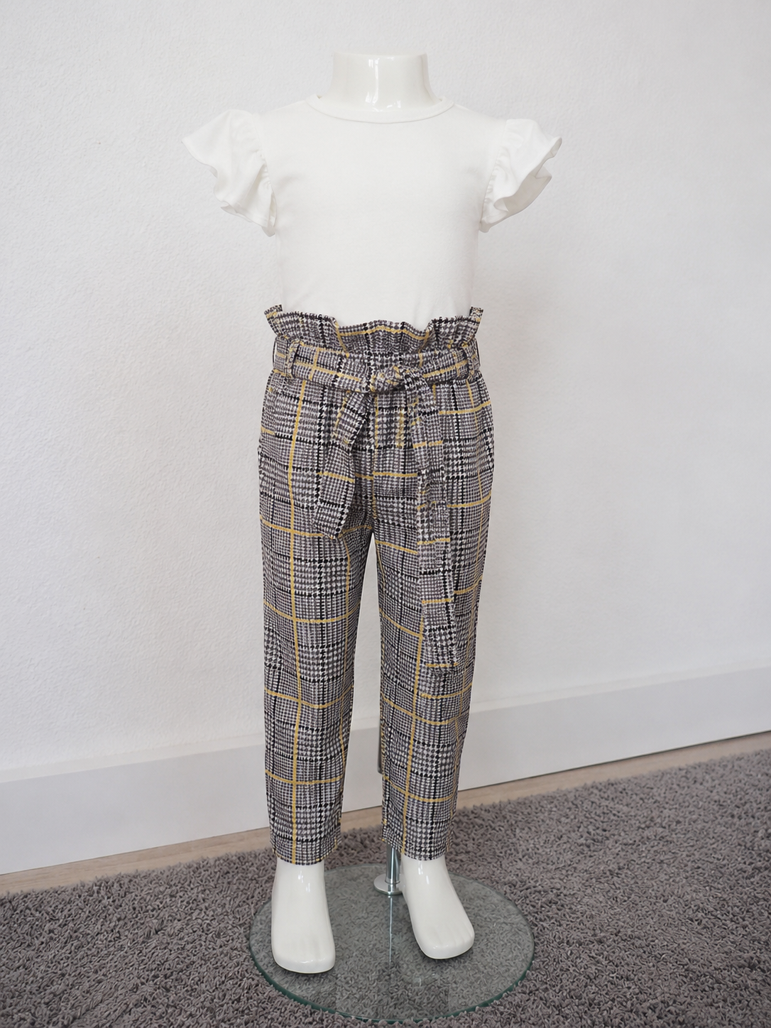 Elegante Mädchen Stoffhose Kariert Gr. 4A (104) mit Gürtel – Grau/Gelb