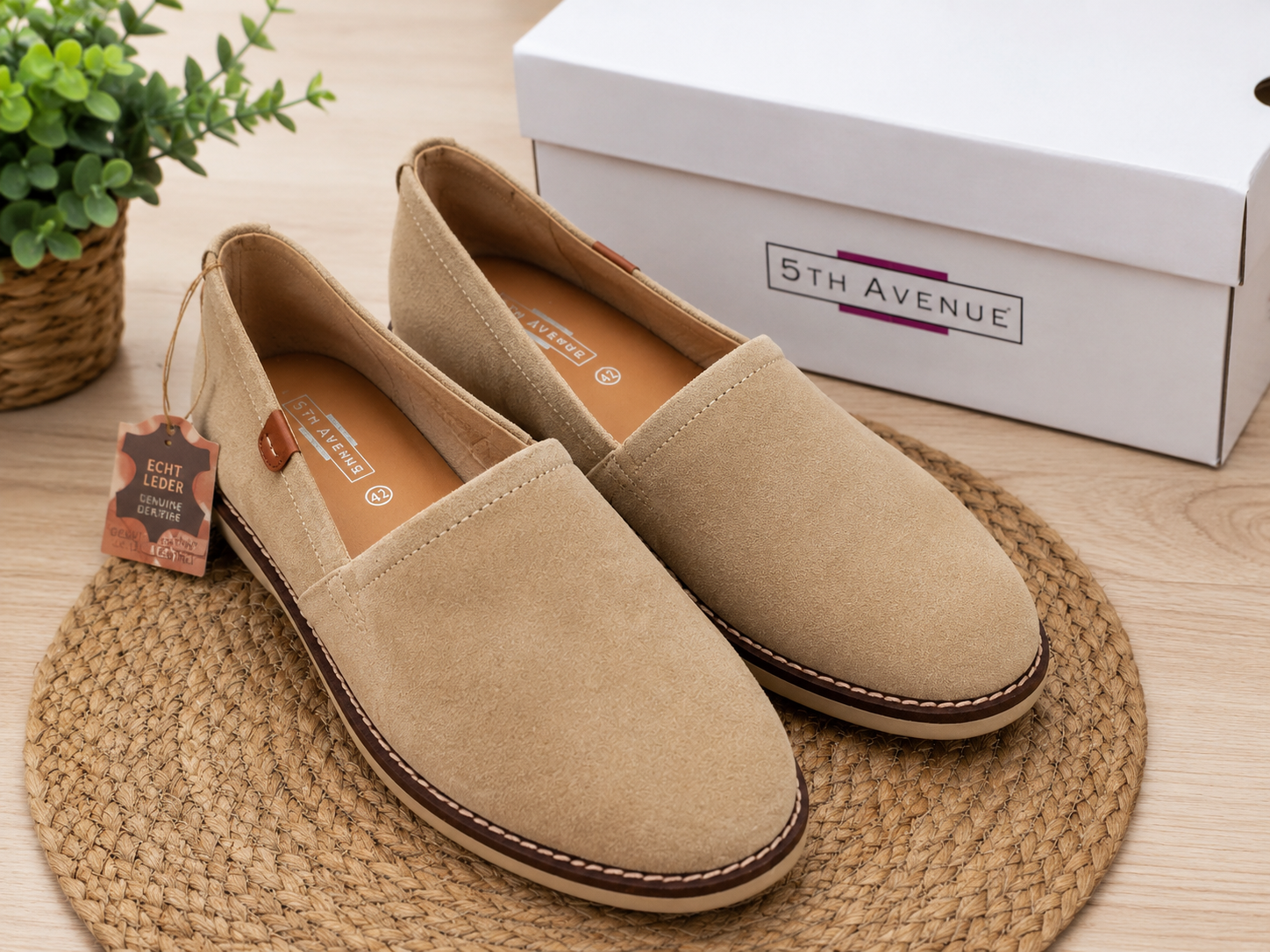 5th Avenue Damen Leder Slip-On Schuhe Gr. 42 Beige Neu mit Etikett