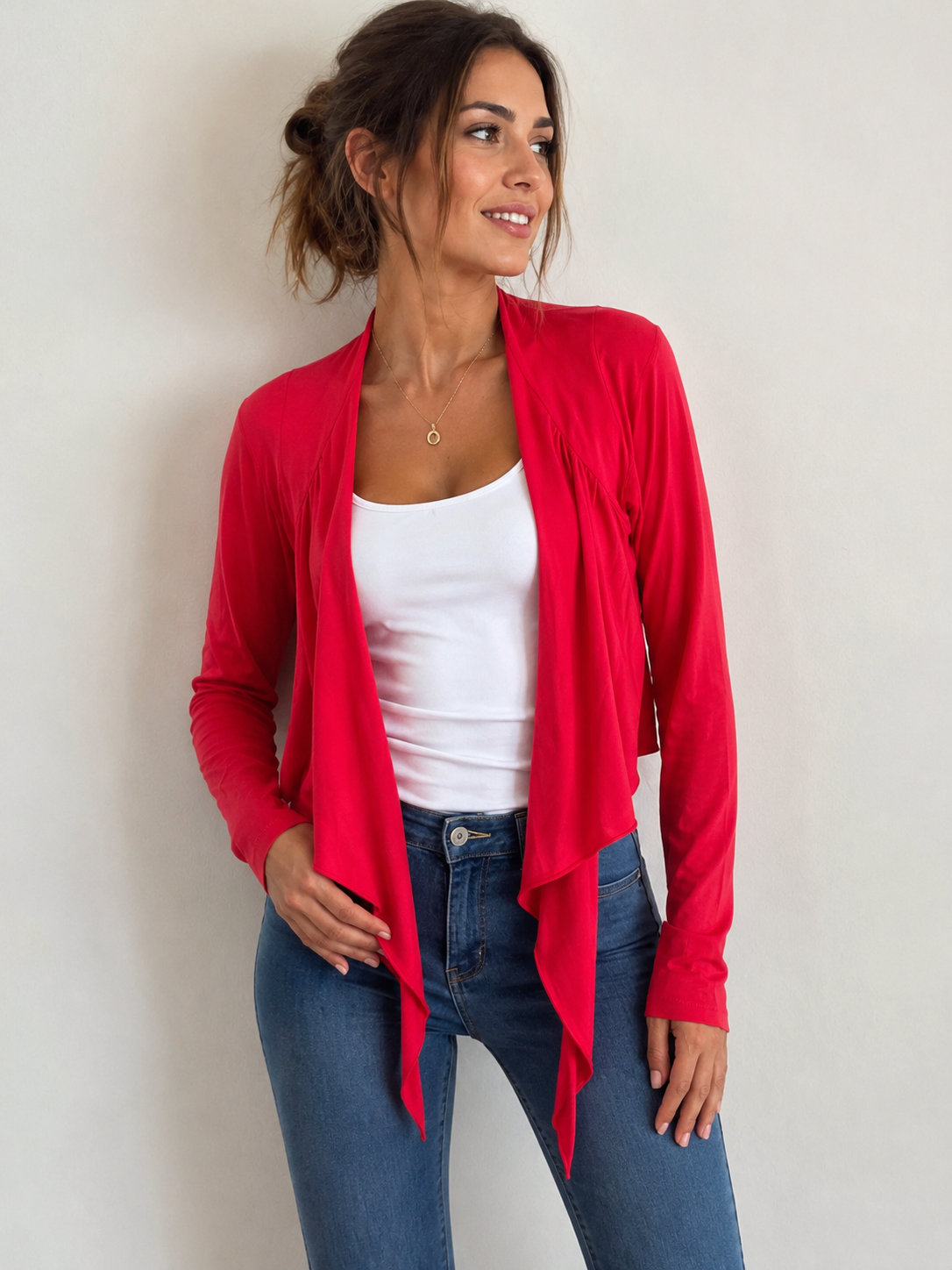 Comma Damen Bolero Cardigan Rot Gr. 36 Langarm Offen Wasserfalloptik