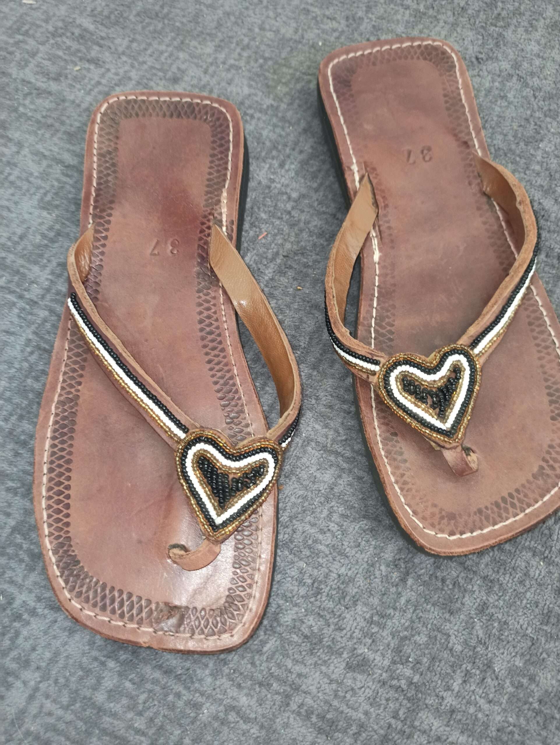 Handmade Maasai Beaded Leather Sandals Damen Gr. 37 Braun Kenya Afrika